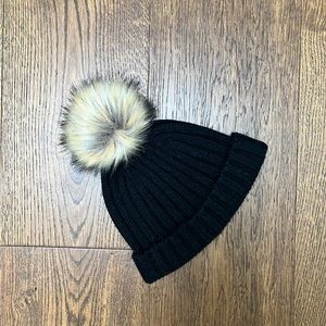 J. Crew Black Knit Hat with Faux Fur Pom
